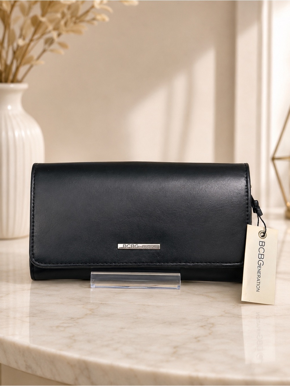 BCBGeneration Black Vegan Leather Zip Around Wristlet Wallet Clutch NWT